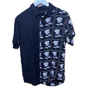 Hot Topic Button Front Split Design Shirt Roses Short Sleeve Mens M Black White
